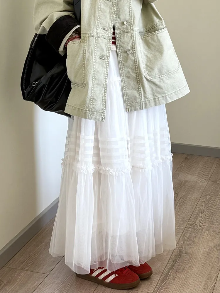 

Белая женская юбка А-силуэта с высокой талией, пышная, длинная, в корейском стиле, для невысоких, осенняя, для повседневной носки, модель Moonlight