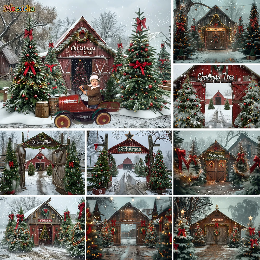 

Mocsicka Xmas Tree Farm Photography Background Red Wood Barn Snowflake Wreath Backdrop Merry Christmas Family Party Photo Banner