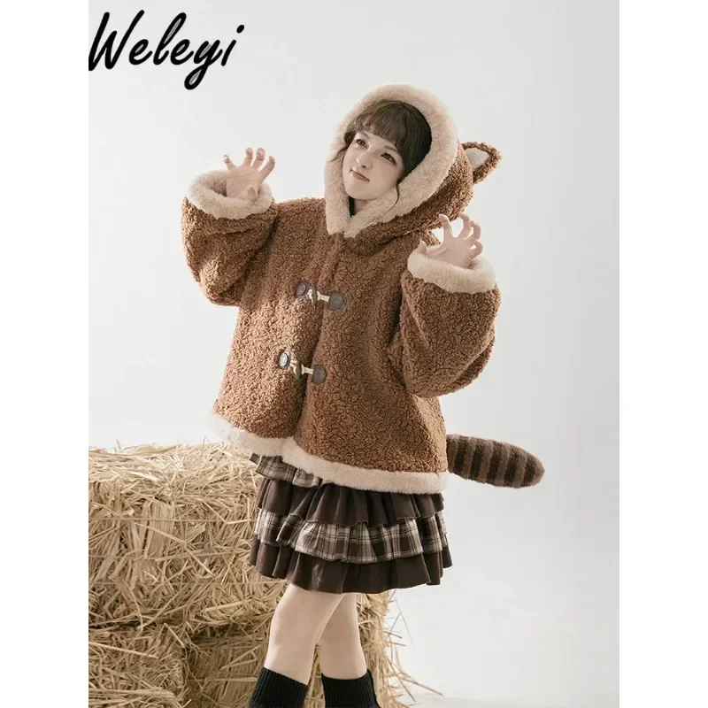 

Cute Lolita Warm Thickened Kawaii Coat Womens 2024 Autumn and Winter Clothes Sweet Detachable Velvet Tail Loose Hooded Fur Coats