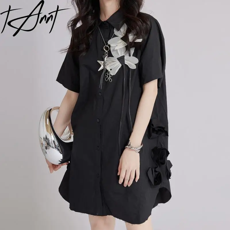

Tannt Women Dress Irregular Flower Patchwork Short-sleeved Shirt Dresses For Women Fashion Casual Black Summer Dresses 2025 New