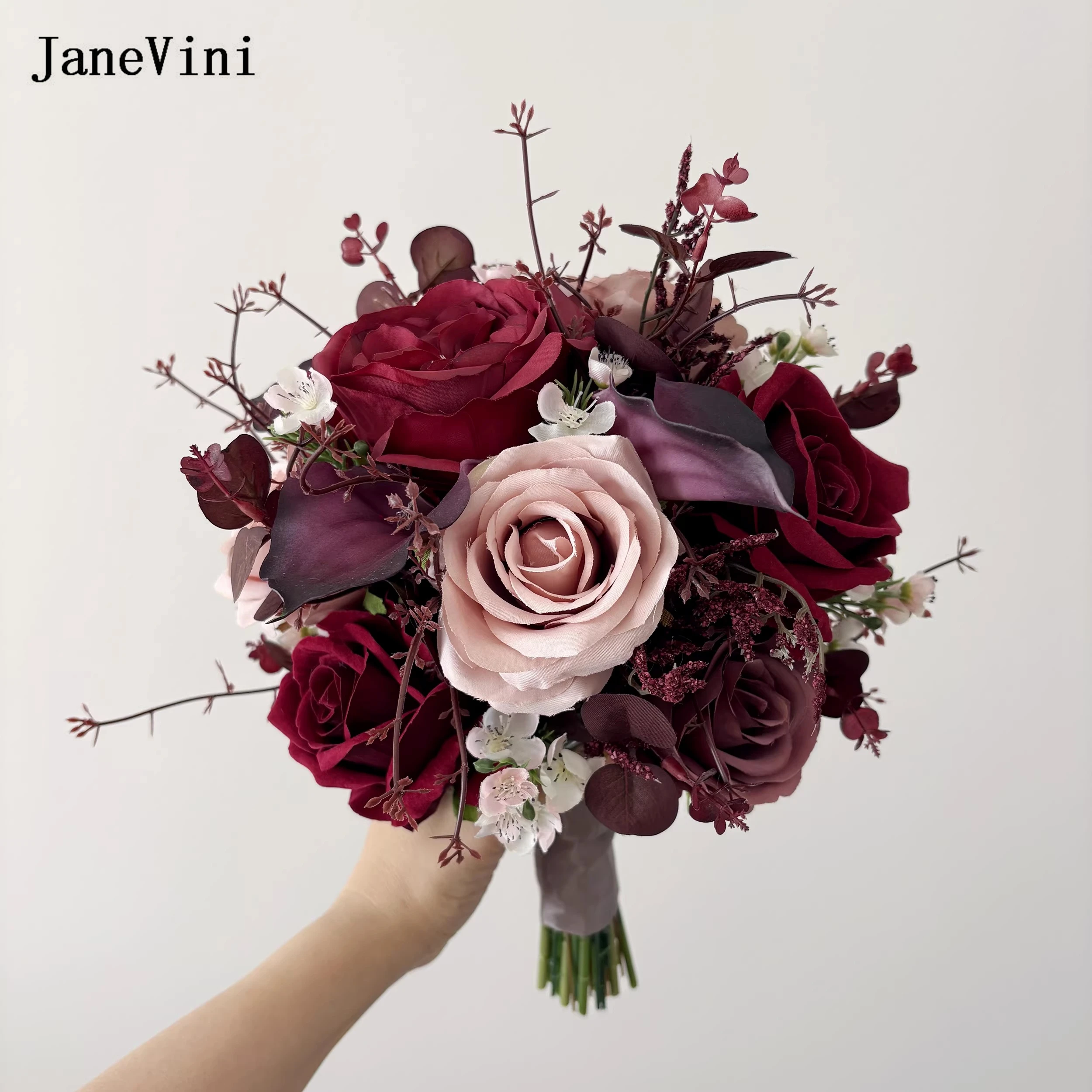 

Винтажные свадебные букеты JaneVini из темно-красных калл и искусственных шелковых роз, европейский букет для невесты и подружек невесты на свадьбу