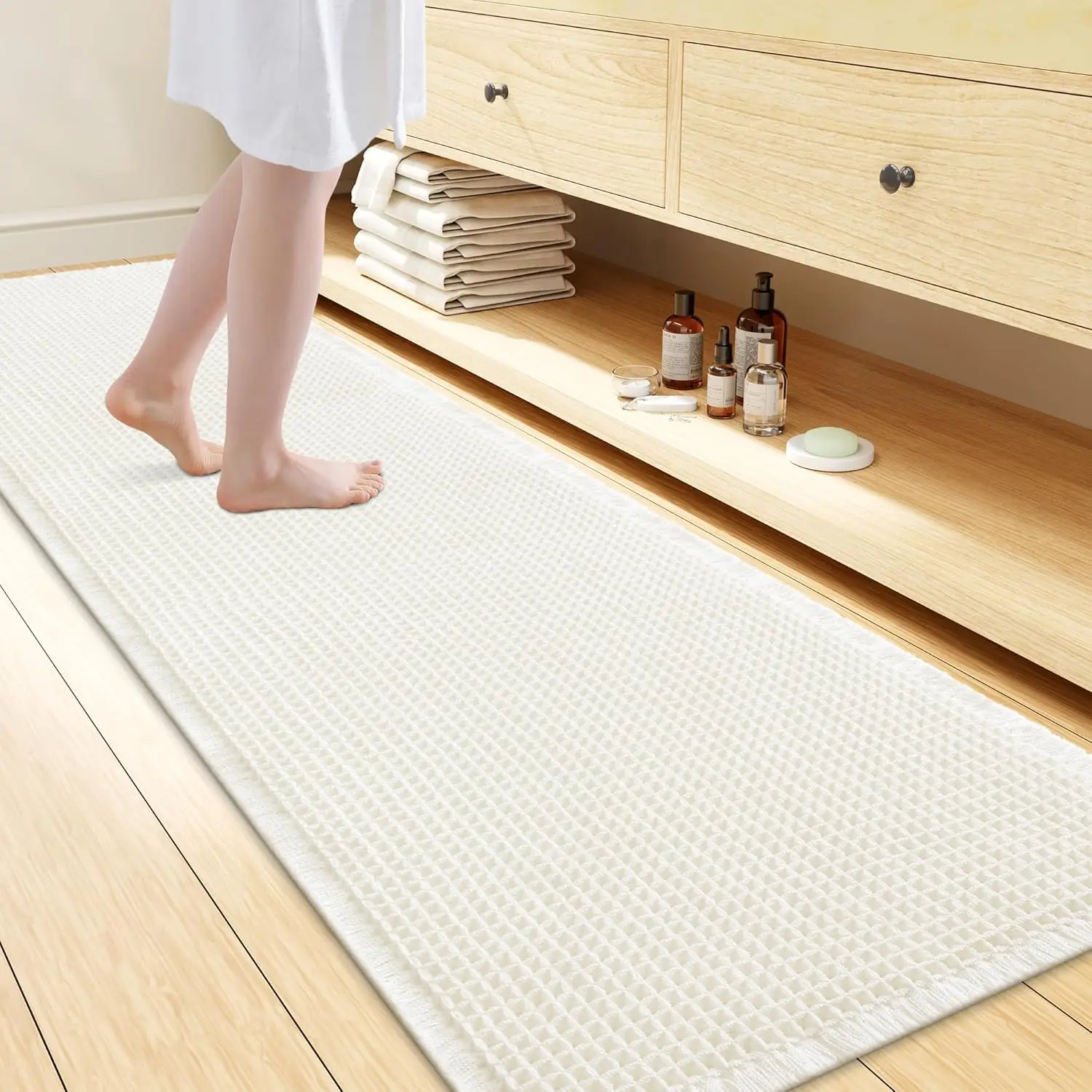 

Extra Soft Waffle Bath Mat 72x24, Non Slip, Quick Dry, Machine Washable Bathroom Rug for Tub, Shower, Home Decor, Cream