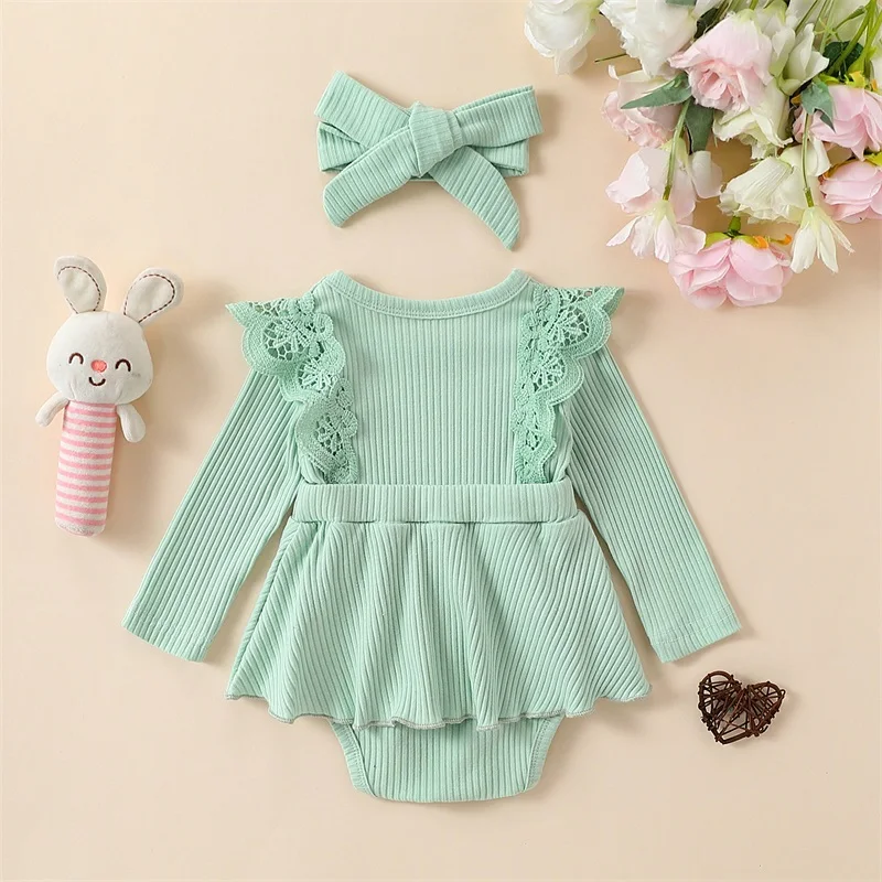 Blotona Baby Girls Romper Dress Crew Neck Lace Fly Sleeve Layered Skirt Hem Toddler Bodysuits with Headband 0-12Months