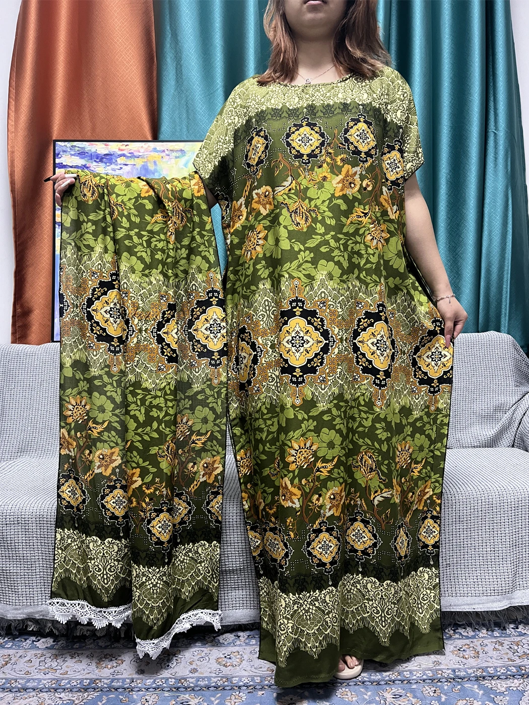 Conjunto de veste curta floral com o pescoço feminino, Abayas de algodão, solto, Africano, Nigéria, Tradicional com lenço, Dubai