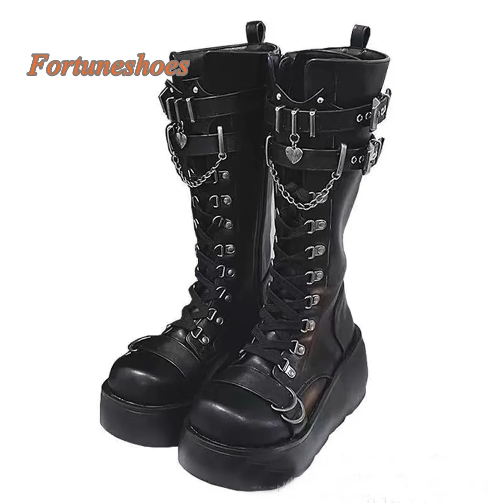 Rivet Platform Knee High Boots Cross Tied Metal Round Toe Chunky Heel Women Belt Buckle Pumps 2025 Newest Casual Fashion Boots