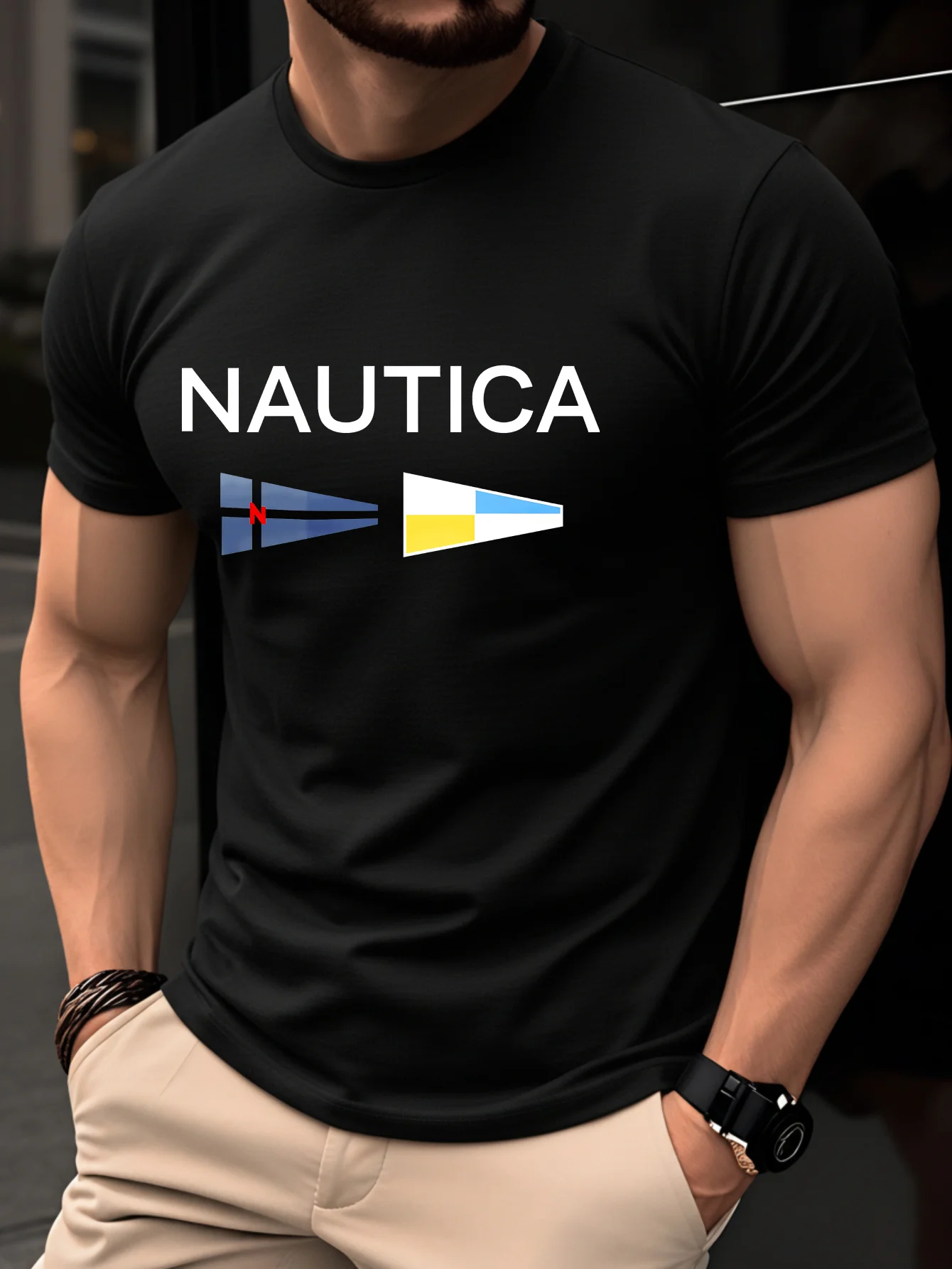 Camiseta Masculina com Estampa de Bandeira Náutica, Casual de Verão, Manga Curta, Gola Redonda, Estilo Náutico, Gráfico de Barco à Vela, Moda Streetwear