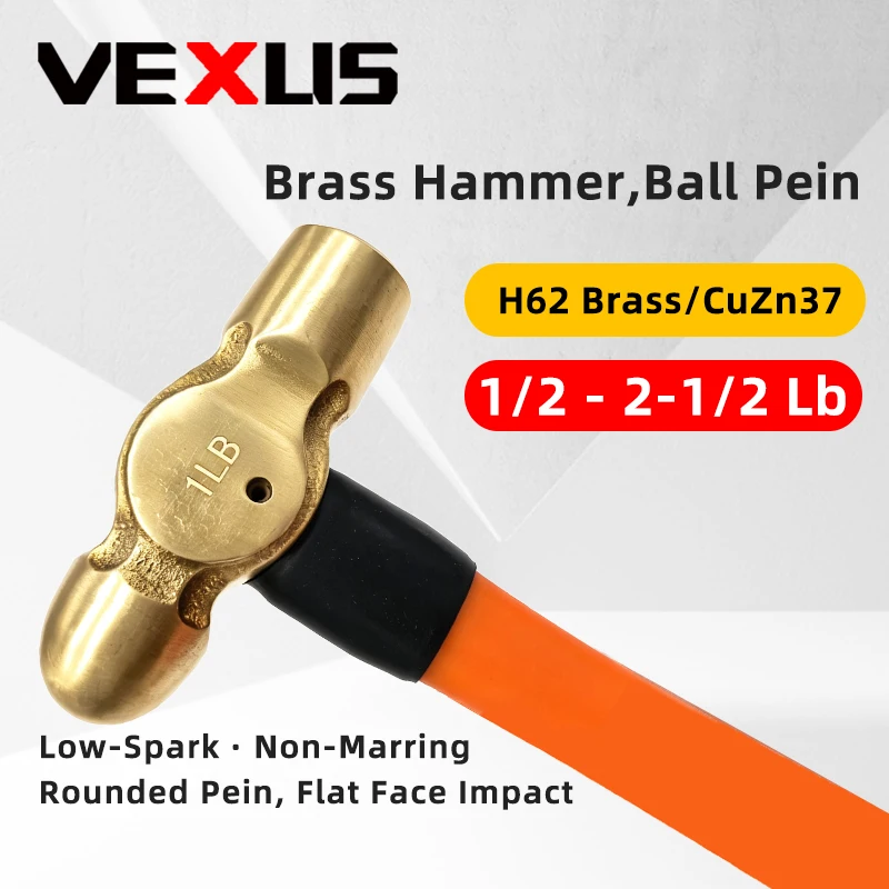 H62 Non-Sparking Brass Ball Peen Hammer 8oz (1/2LB), Fiberglass Grip, Explosion Proof for Auto Repair & Metal Working
