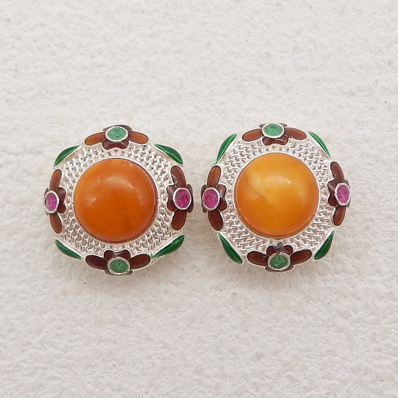 

New Arrival! Pair Silver Gold Plated Natural Yellow Jade Gemstone Earring Beads, Jewelry DlY Making Accessories