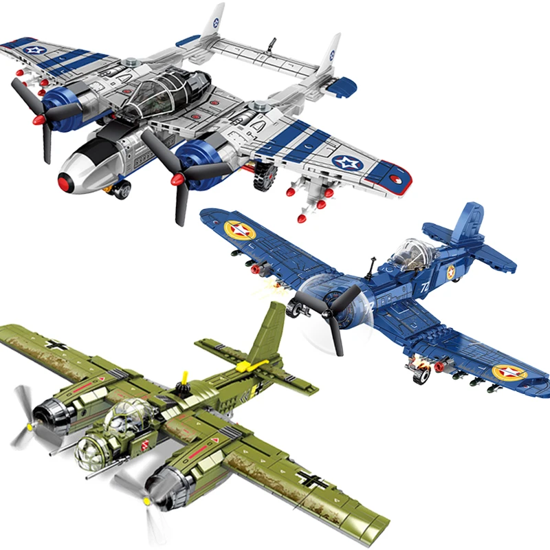 World War Military Plane Airplane US NAVY F4U Corsair & P38 WW2 Fighter Jets Kits Model Building Blocks Bricks Kids Toys Gift