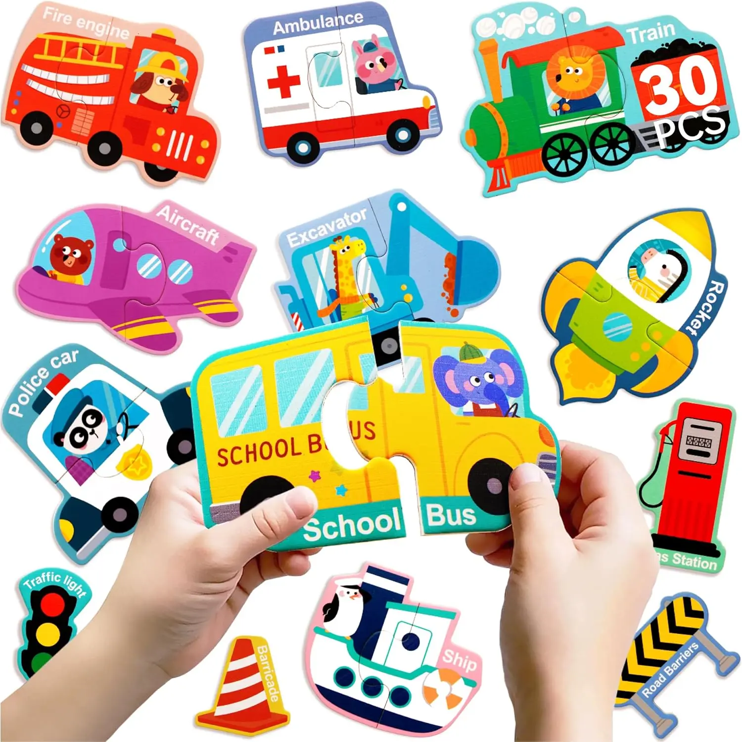 

30 PCS Vehicle Pairing Magnetic Puzzle - Truck Fridge Magnets for Toddlers 1-3