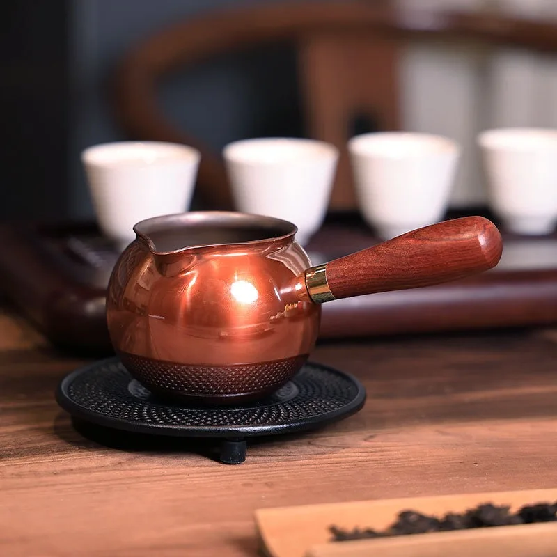 Pure Copper Side‑Handle Fair Pitcher 300ml Wooden Handle Hand‑Made For Gongfu Tea