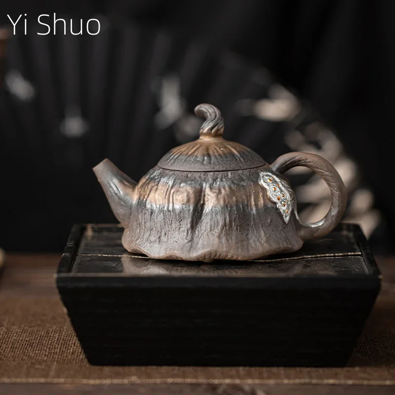 

Gilt Iron Glaze Jumping Knife Lotus Pod Pot Ancient Burnt Handmade Ceramic Bubble Teapot Single Kung Fu Tea Infuser Tea Kettle