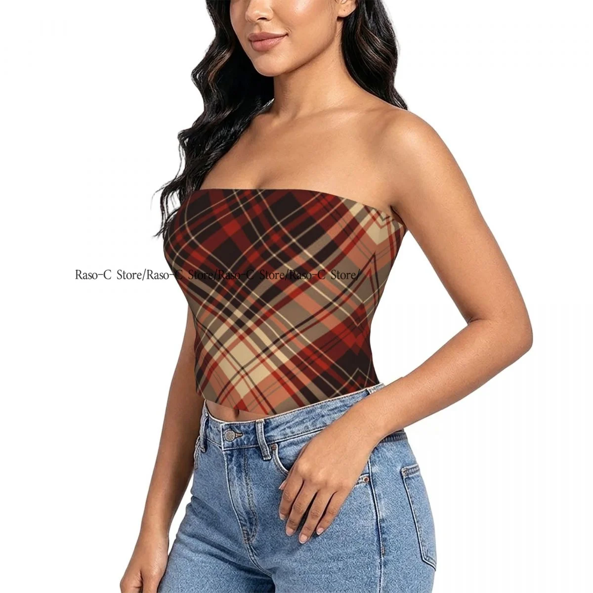 Strapless Sexy Tube Tops Summer Outfits Women Backless Shoulder Wrap Brown And Orange Plaid Female Crop Top