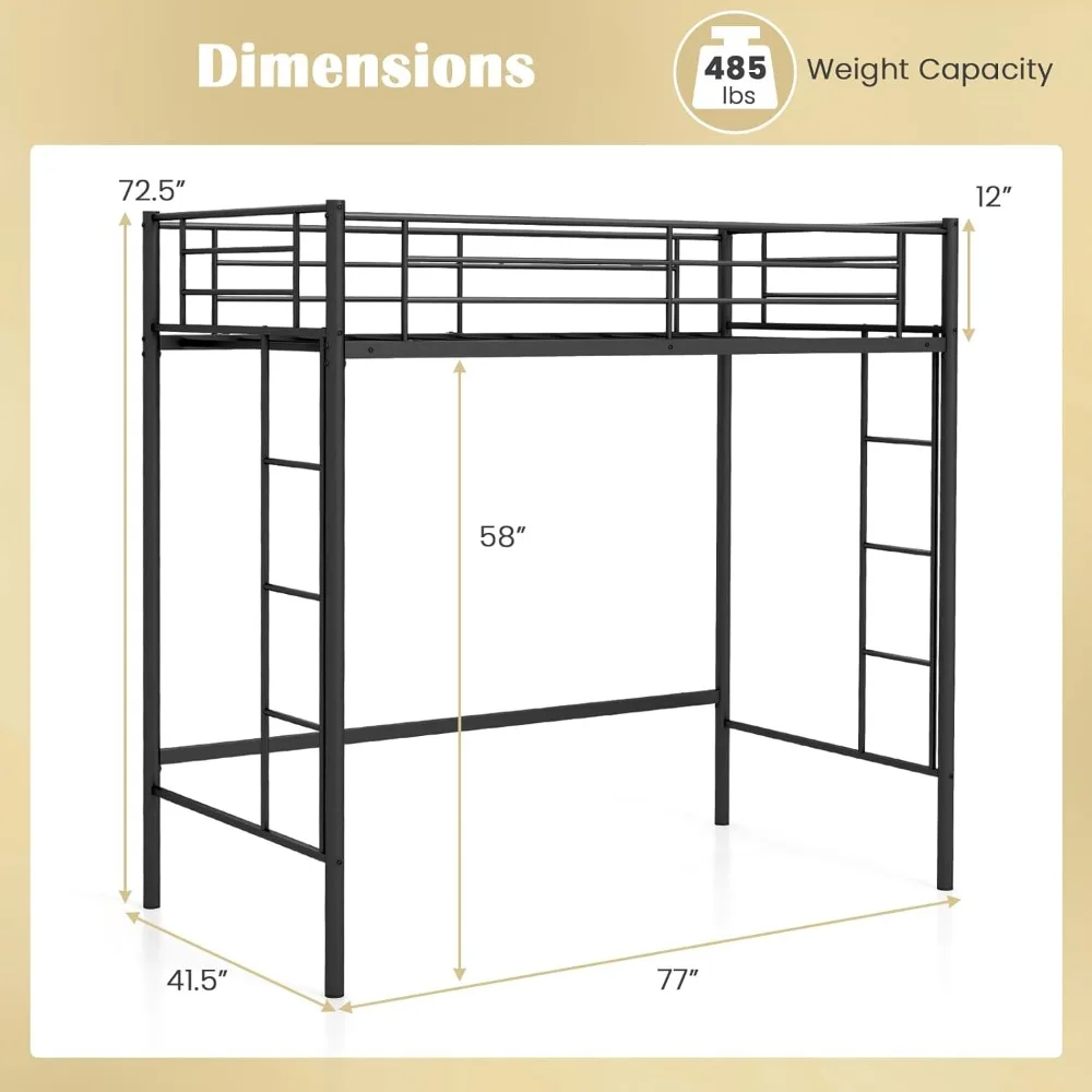 Metal Loft Bed Twin Size, Heavy Duty Metal Loft Bed Frame with Dual Ladders & Safety Guardrail, No Box Spring Needed