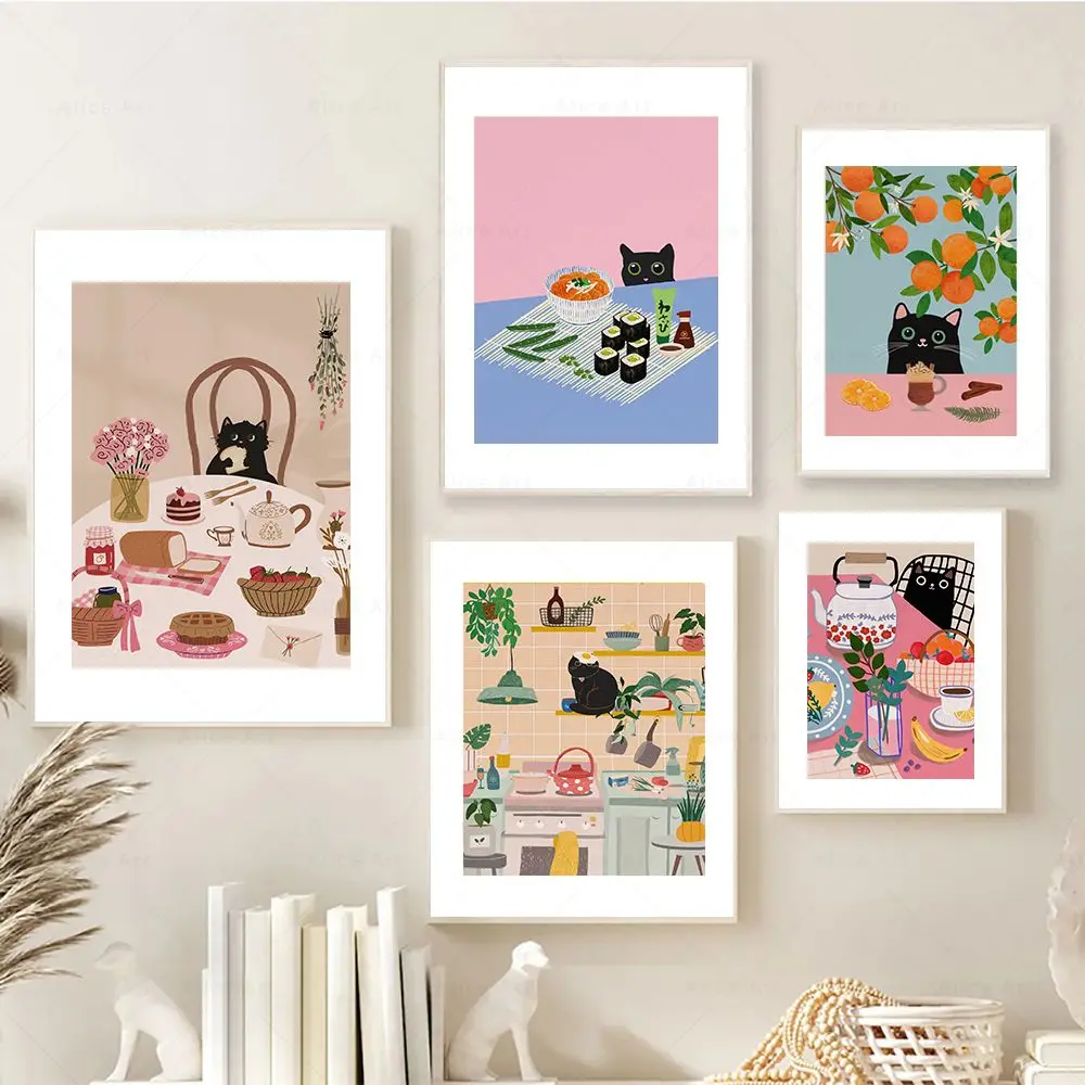 Funny Cat Kitchen Poster Coffee Cake Dessert Food Cat Print Colorful Dining Room Home Decor Aesthetic Wall Art Canvas Painting