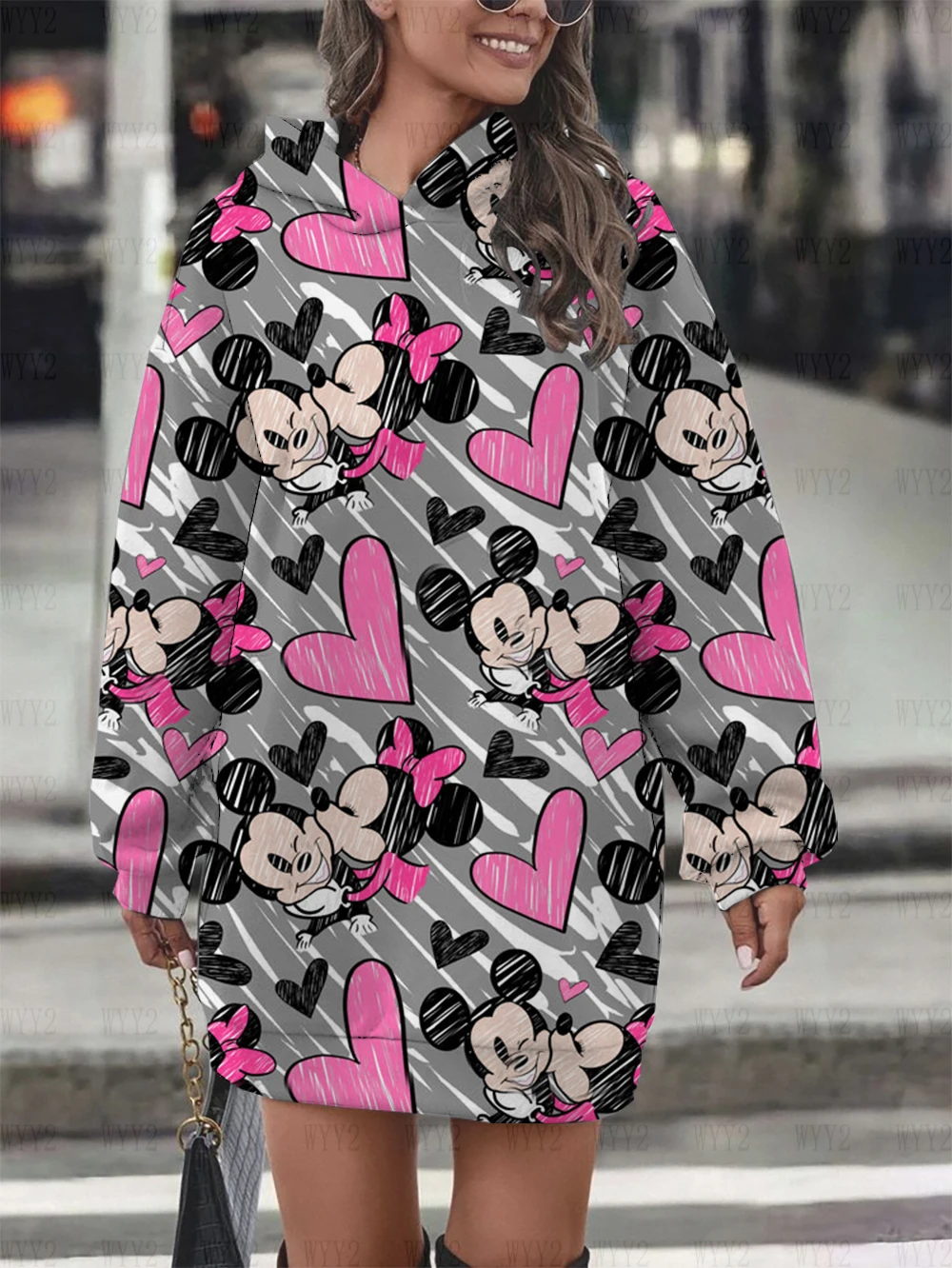 Disney Mickey Minnie print women's fashion autumn and winter hooded skirt dress trend casual and comfortable pullover