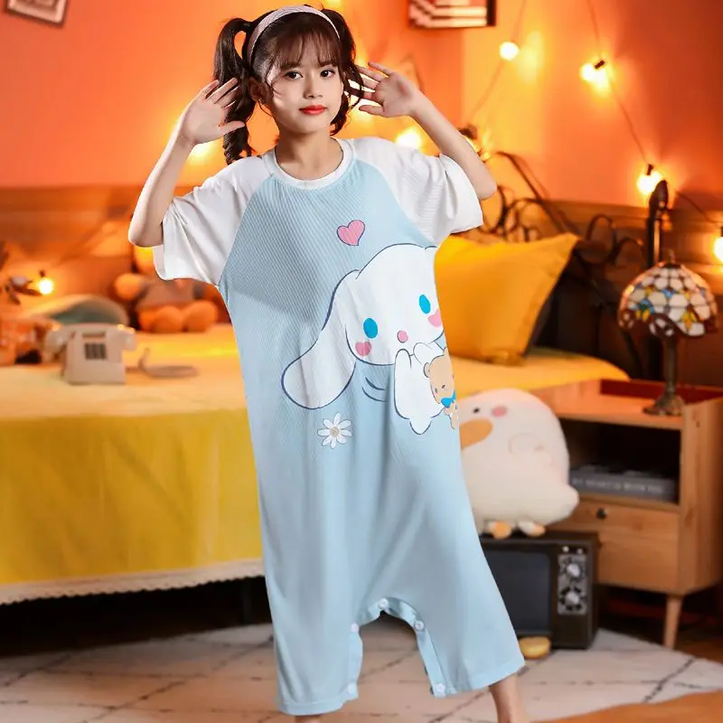 Sanrios Children's Pajamas Kawaii Hello Kittys Kuromi Cinnamoroll Girl Ice Silk Short Sleeve Nightgown Cute Home Wear Sleepwear