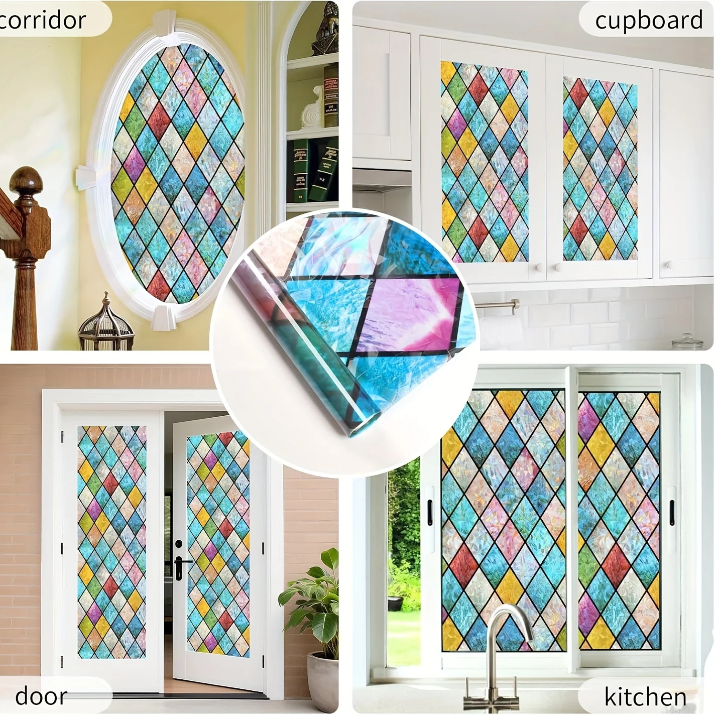 Diamond Grid Pattern Privacy Window Film Roll Static Cling Heat Block UV Block for Home Office Bathroom Door Window