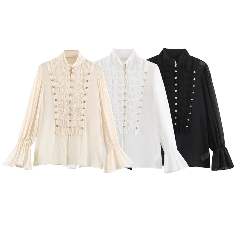Damen Neue Luxus Vintage-Stil Blusen Elegante Damen-Bluse für Dinner, Bankette und Partys mit Rüschen, Kordelzug und Löchern, Lose Formelle Bluse – Detail 17