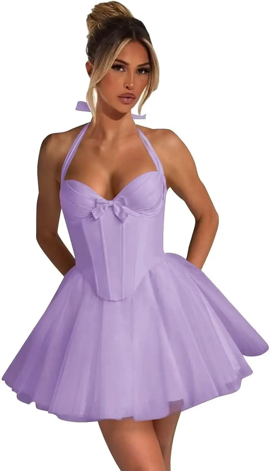 

Платья для встречи выпускников для подростков Короткое тюлевое платье для выпускного вечера с бантом Мини-трапеция Пышное коктейльное платье Мини-выпускное платье