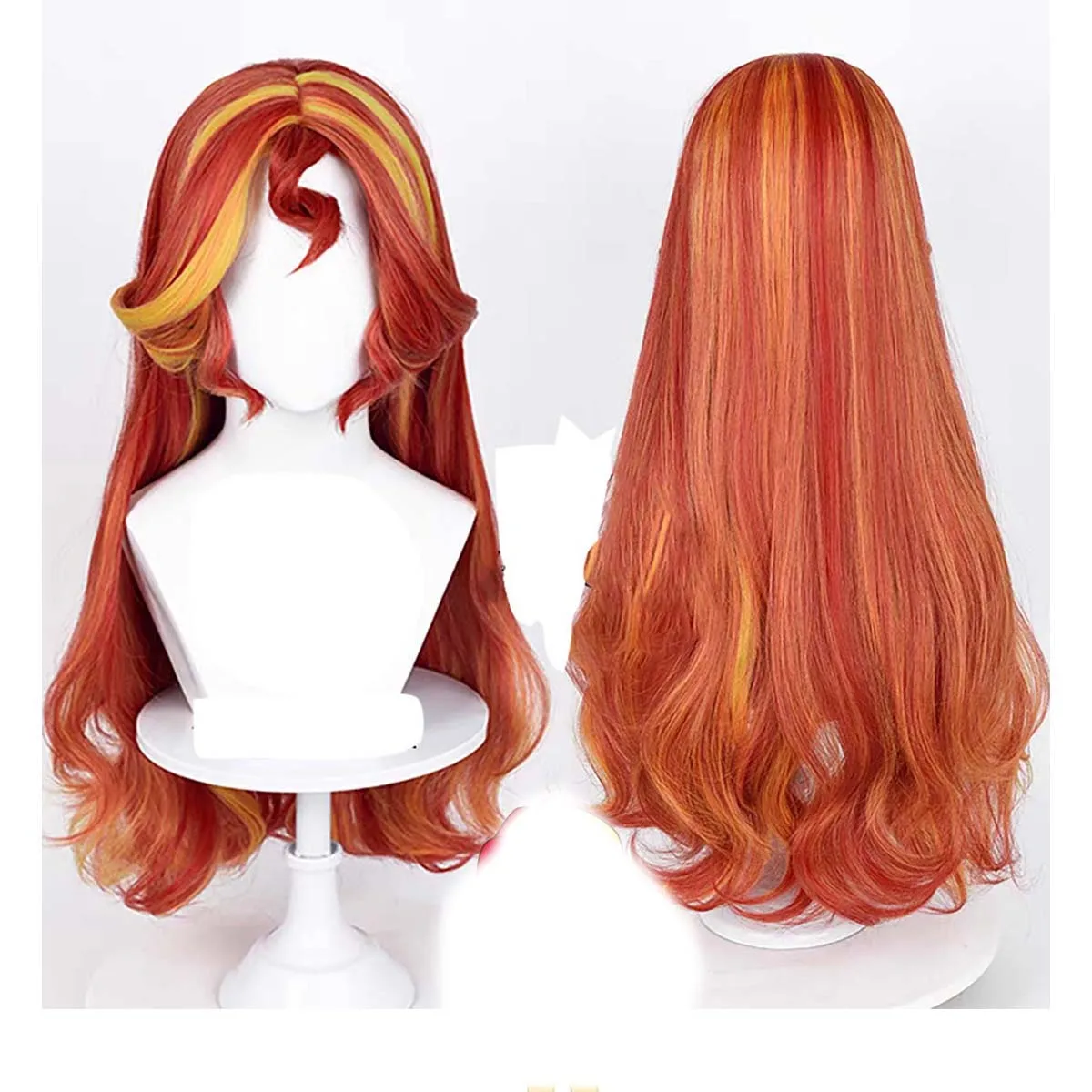 Anime Cosplay Sunset Shimmer Long Curly Red Orange Yellow Wig for Women Girls Halloween Party