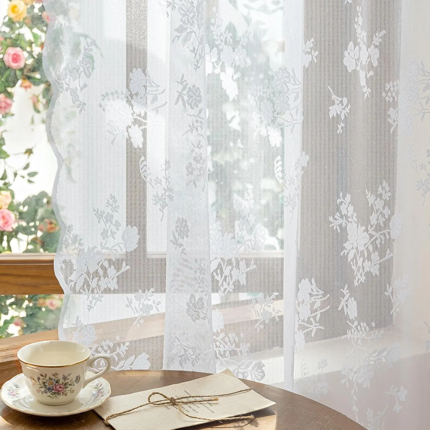 1pc Sheer Lace Curtains 84 Inches Long, Vintage Floral Light Filtering White Lace Curtains for Living Room & Bedroom, Rod Pocket