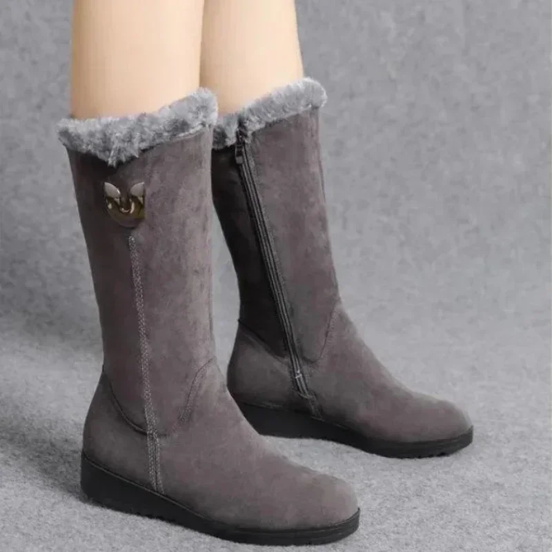 Women\'s Shoes Fashion Women Warm Chelsea High Fur Boots 2024 New Women Boots Mid-calf Plush Snow Flat Boots Zapatos Para Mujeres