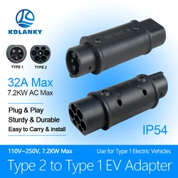 Kolanky EV Charger Adapter IEC62196 Type 2 to Type 1 EV Adapter 32A 1Phase 7.2kw Max  J1772 Type1 to Type2 EV Charger Converter