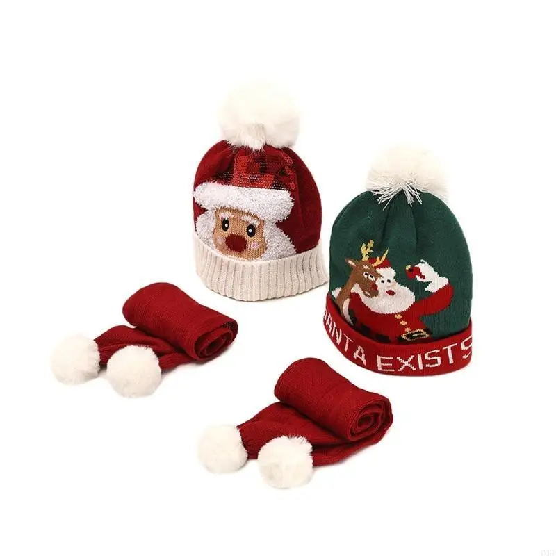 toddler-kids-christmas-knitted-hat-scarf-set-cartoon-santa-reindeer-beanie-cap