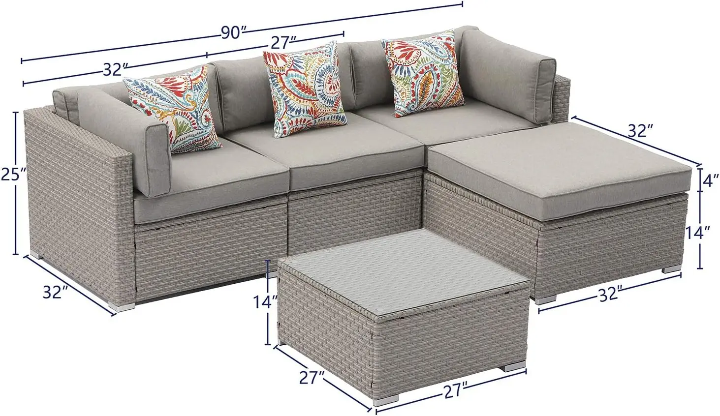 Outdoor Sectional 5-Piece Wicker Sofa in Pearl Gray w 3 Stripe Pillows, Light Grey Cushions Elegant Patio Furniture Chair& Table