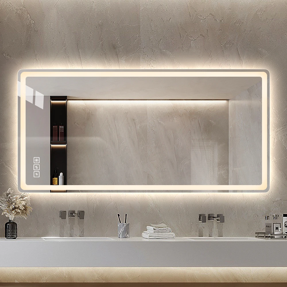 40*24 Inch LED Bathroom Mirror Vanity Mirrors with Front Lights Wall Mounted Anti-Fog Frameless Mirror Light 5 Mm Silver Mirrors