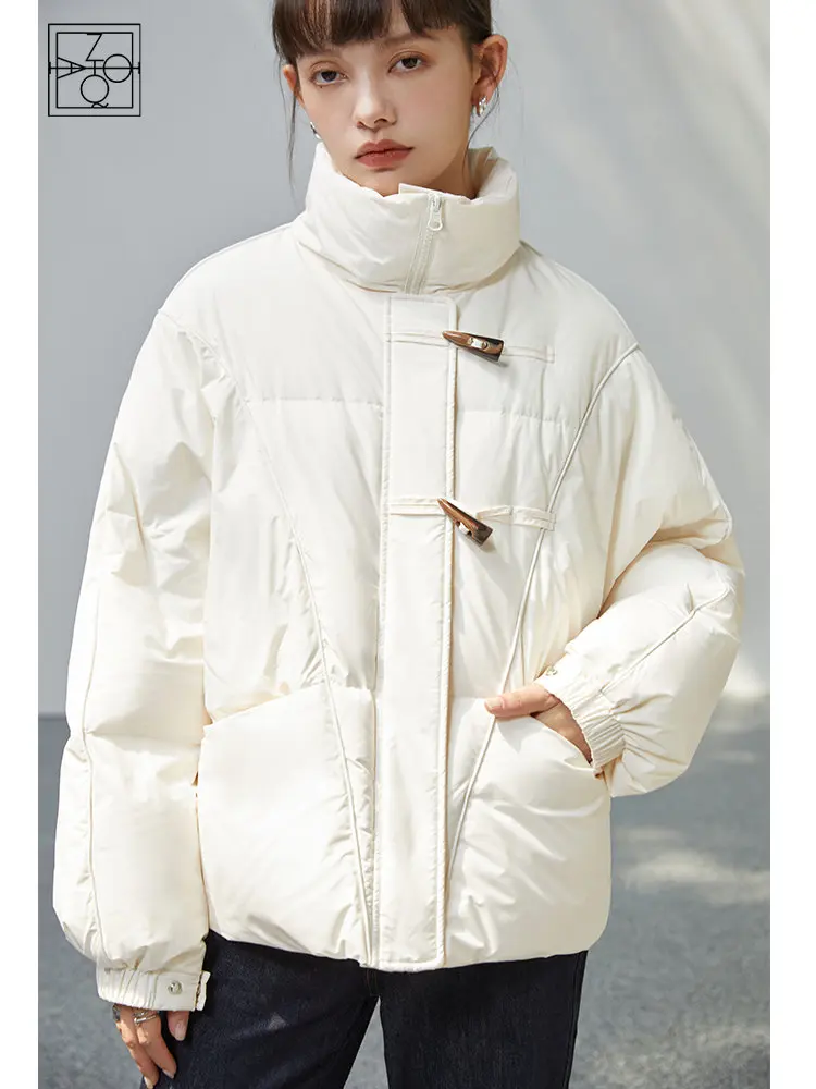 ZIQIAO Simple Style Warm Short White Duck Down Jacket Women 2022 Winter Korean Version Age-reducing Stand Collar Bread Jackets