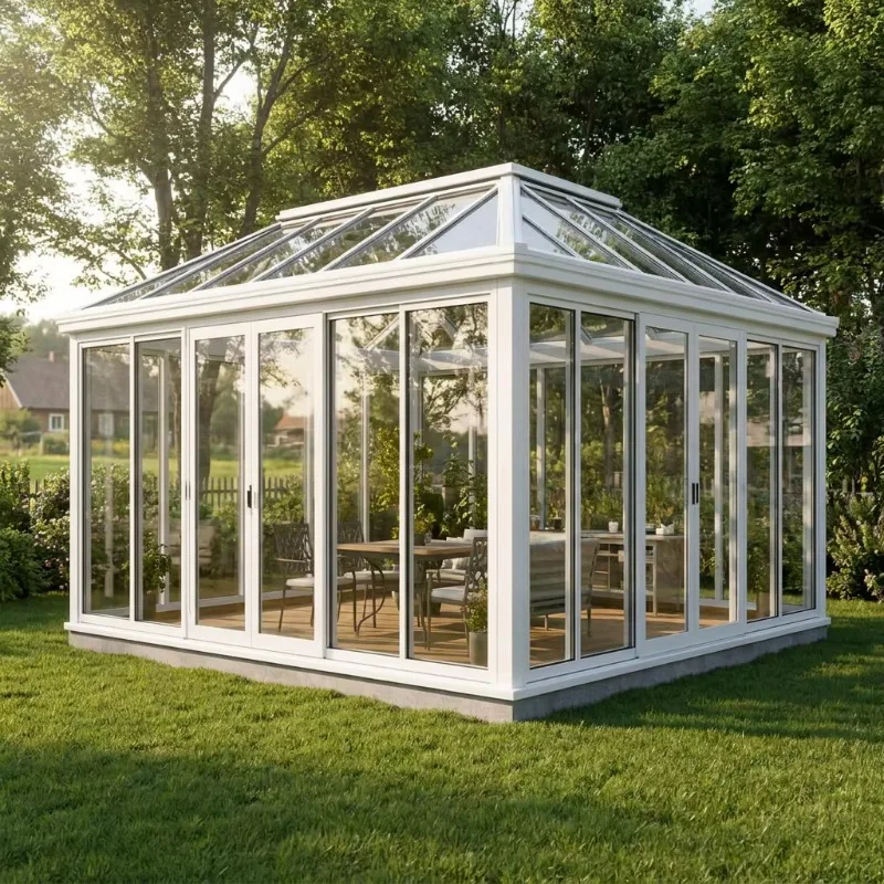 For Balcony Terrace Aluminum Sunroom Glass House Retractable Conservatory Waterproof Glass Room with Flat Roof Design