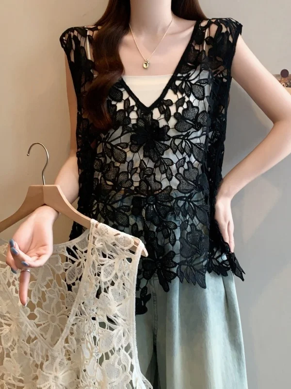 تفريغ الدانتيل هوك تصميم المرأة تانك القمم الصيف فضفاضة حجم كبير طبقات غير النظامية Svel V-Ne تنفس رقيقة