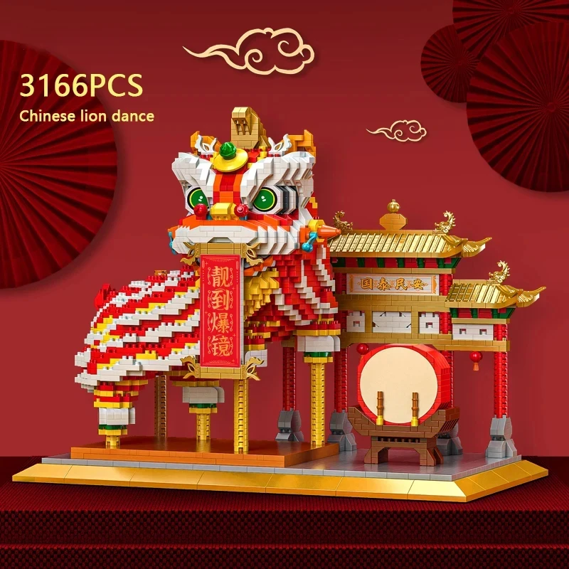 Chinese Lion Dance Building Blocks New Year Spring Festival Gift Creative Desktop Decoration Educational DIY Bricks Toys For Kid