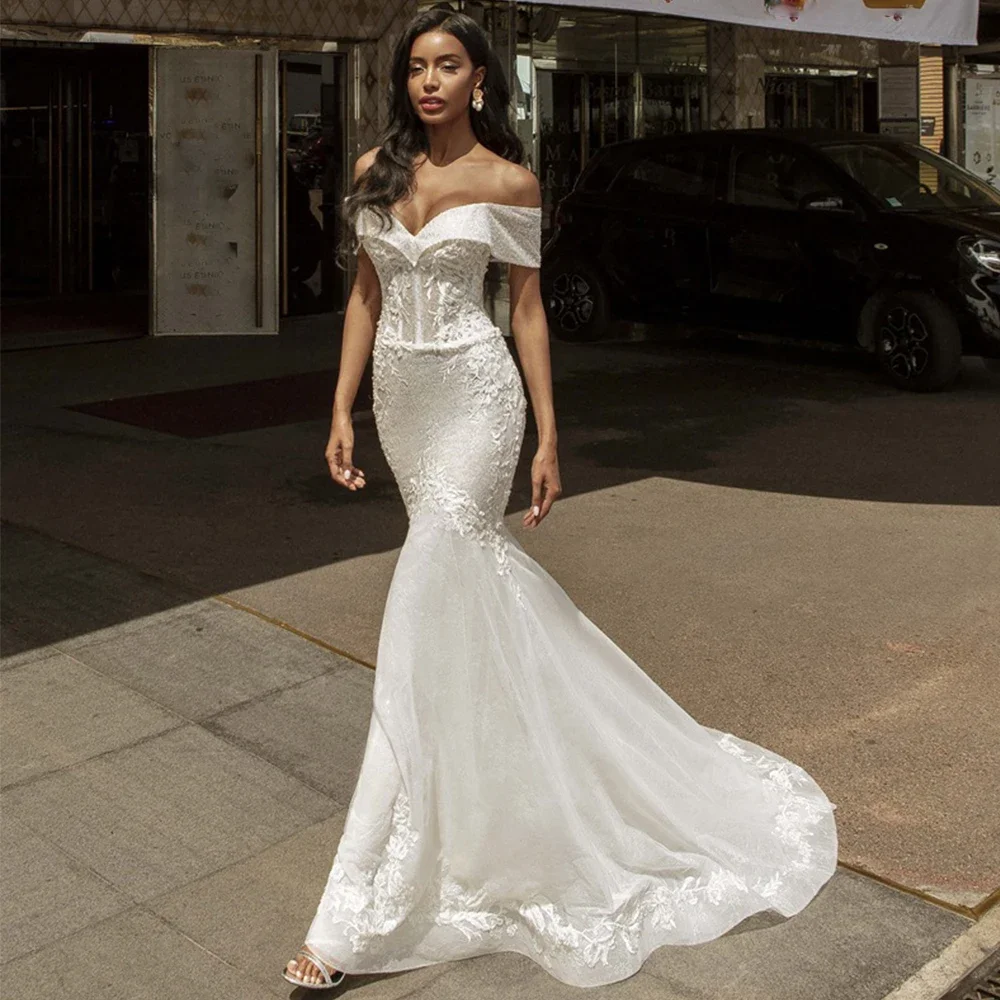 Flavinke Customized Mermaid Wedding Dresses V-Neck Off The Shoulder Short Sleeves Applique Sweep Train Bridal Marriage Gowns