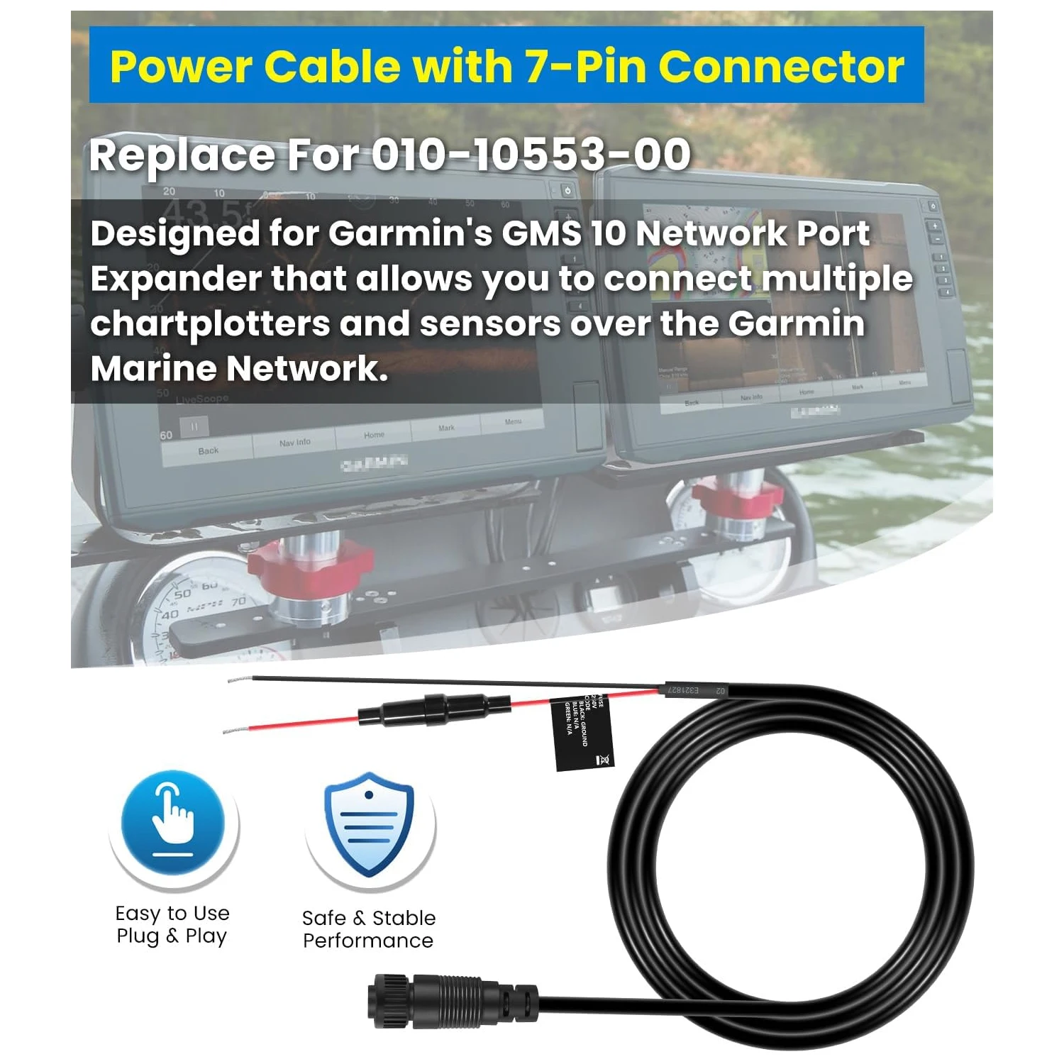 Marine Power Cable #010-10553-00 for Garmin GMS 10 Network Port Expander, OEM Replacement Power Cord with 7-Pin Power Connector