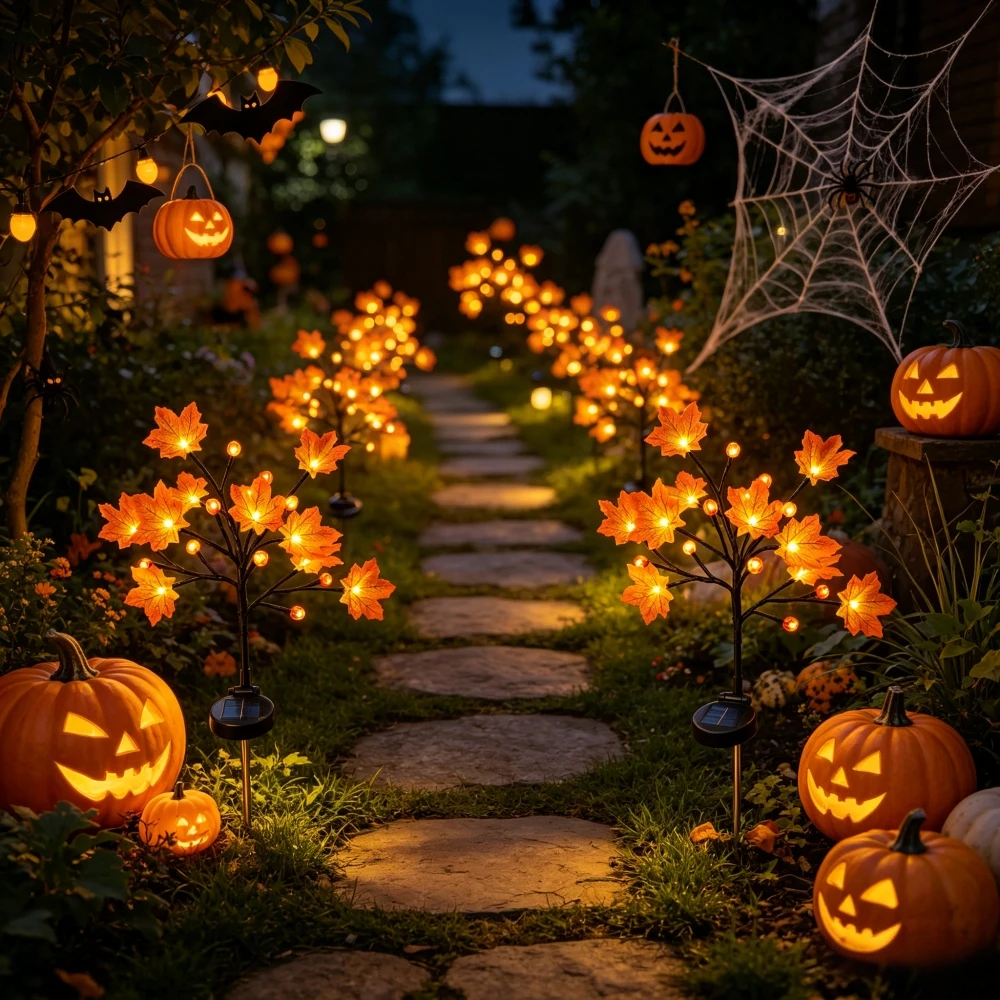 8 Modes Solar Pumpkin Maple Leaf Branch Stake Lights Outdoor Waterproof 20LED Garden Lights for Halloween Party Patio Decoration