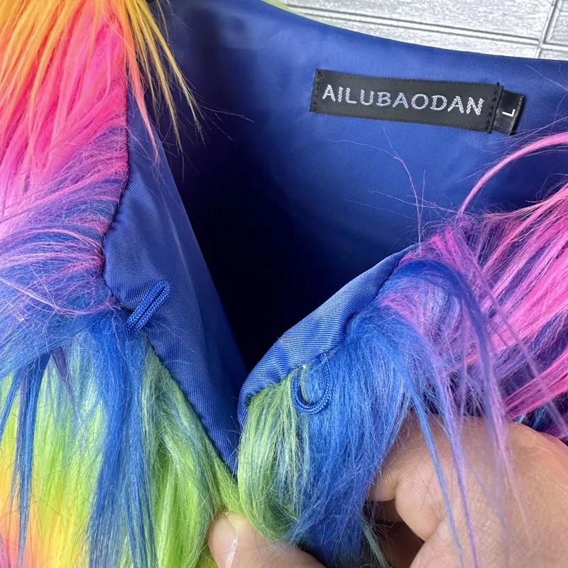 Women's Clothing Fur Faux Fur Long Version Coat Rainbow Colours Goat Wool Warm Fashionable Comfortable Leather Jacket