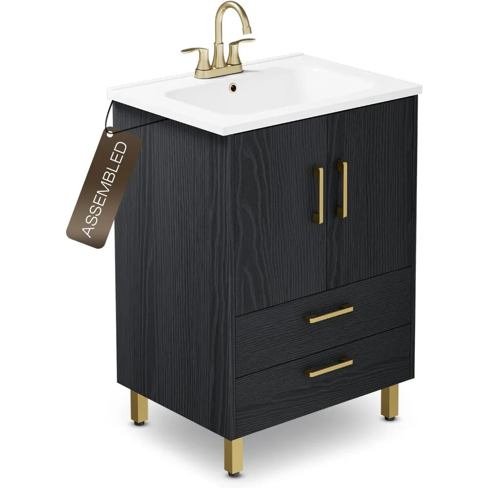 

Fully Pre-Assembled Black 24 inch Bathroom Vanity, 2 Soft Close Doors and 2 Drawers Bathroom Storage Cabinet Set, with