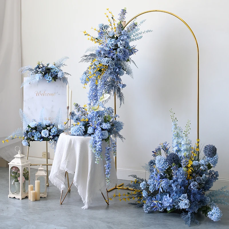 Custom Blue Series Wedding Foral Arrangement Party Arch Decor Flowers Row Event Table Centerpieces Ball Welcome Sign Decor Props