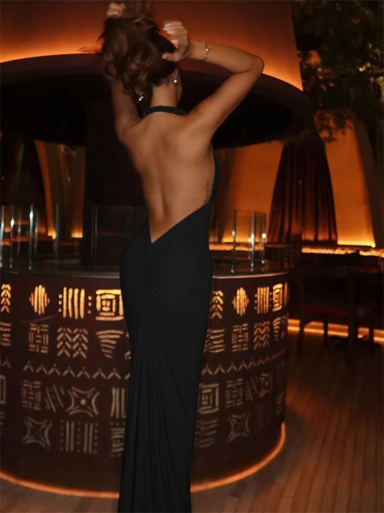 Kliou tissé sangle gaine Maxi robes femmes classique solide Slash cou dos nu froncé moulante femme soirée Banquet robes