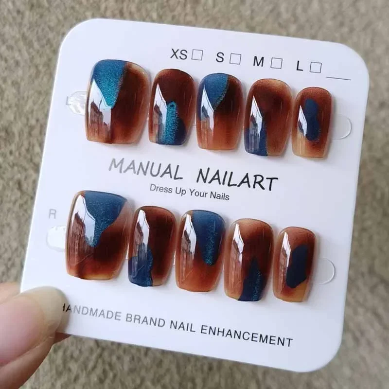 10PCs Women's Blue and Red Flame Cat Eye Nails Patch Handmade Full Cover Detachable High-end Flash Nails Patch Art Fake Nails