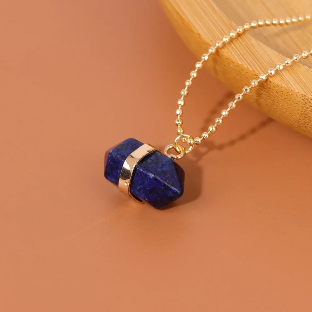 

Natural Stone Hexagonal Column Pendant Necklace Lapis Lazuli Stone Charm Necklaces Gold Color Chain Necklace for Women Jewelry