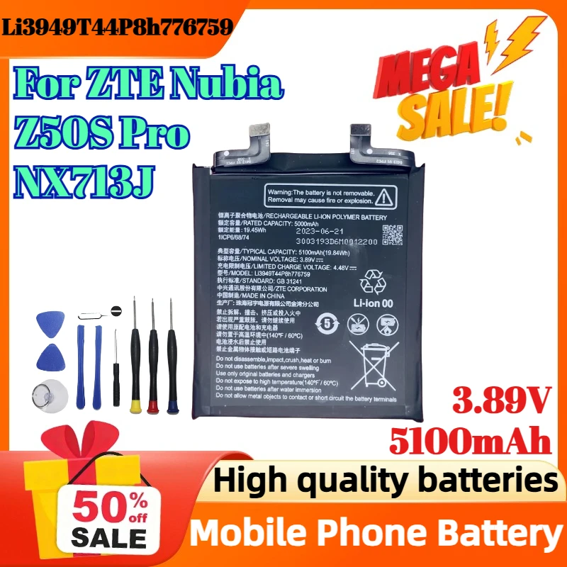 

Li3949T44P8h776759 3.89V 5100mAh Battery for ZTE Nubia Z50S Pro NX713J Mobile Phone 1ICP6/68/74 Mobile Phone Battery+Free Tools
