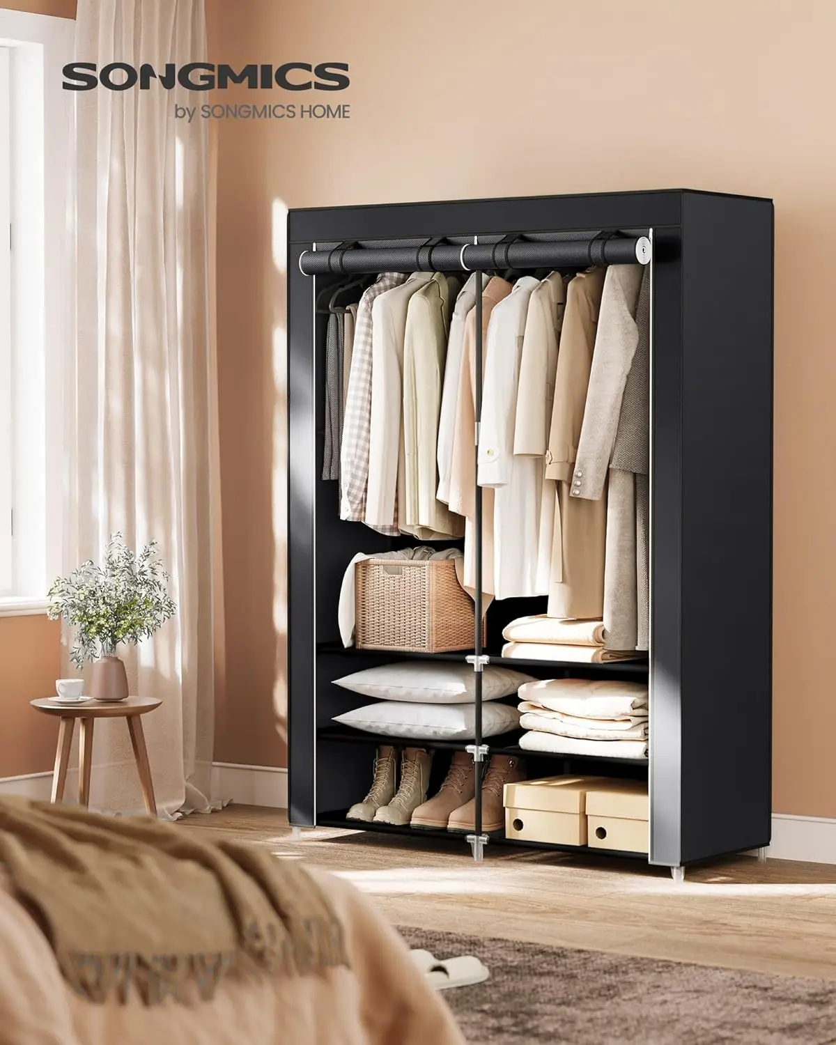 Portable Closet Wardrobe with Shoe Rack and Cover, Closet Storage Organizer, 2 Hanging Rods, Shelves, and 4 Side Pockets