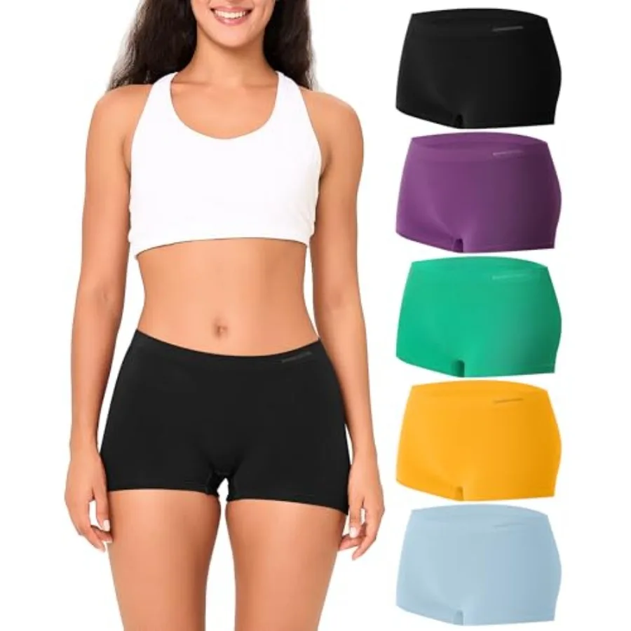 

BAMBOO COOL Womens BoyShorts Underwear Seamless Boxer Briefs Mid Waist Full Coverage Moisture Wicking Ladies Panties 5 Pack