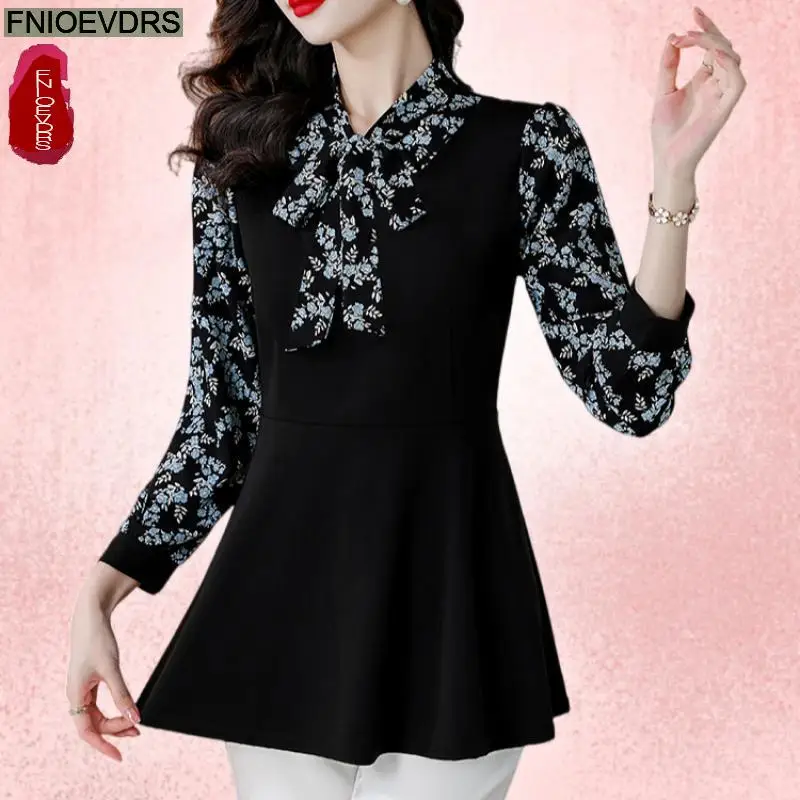 

Office Shirts Basic Wear New Design Women Autumn pring Work Lady Bow Tie Tops Long Sleeve Flower Print Black Shirt Blouses