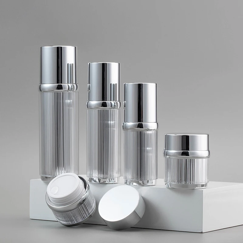 1pc Shiny Silver Lined Shape Acrylic Plastic Bottle Airless Serum Lotion Foundation Skincare Bottle Cosmetic Bottle