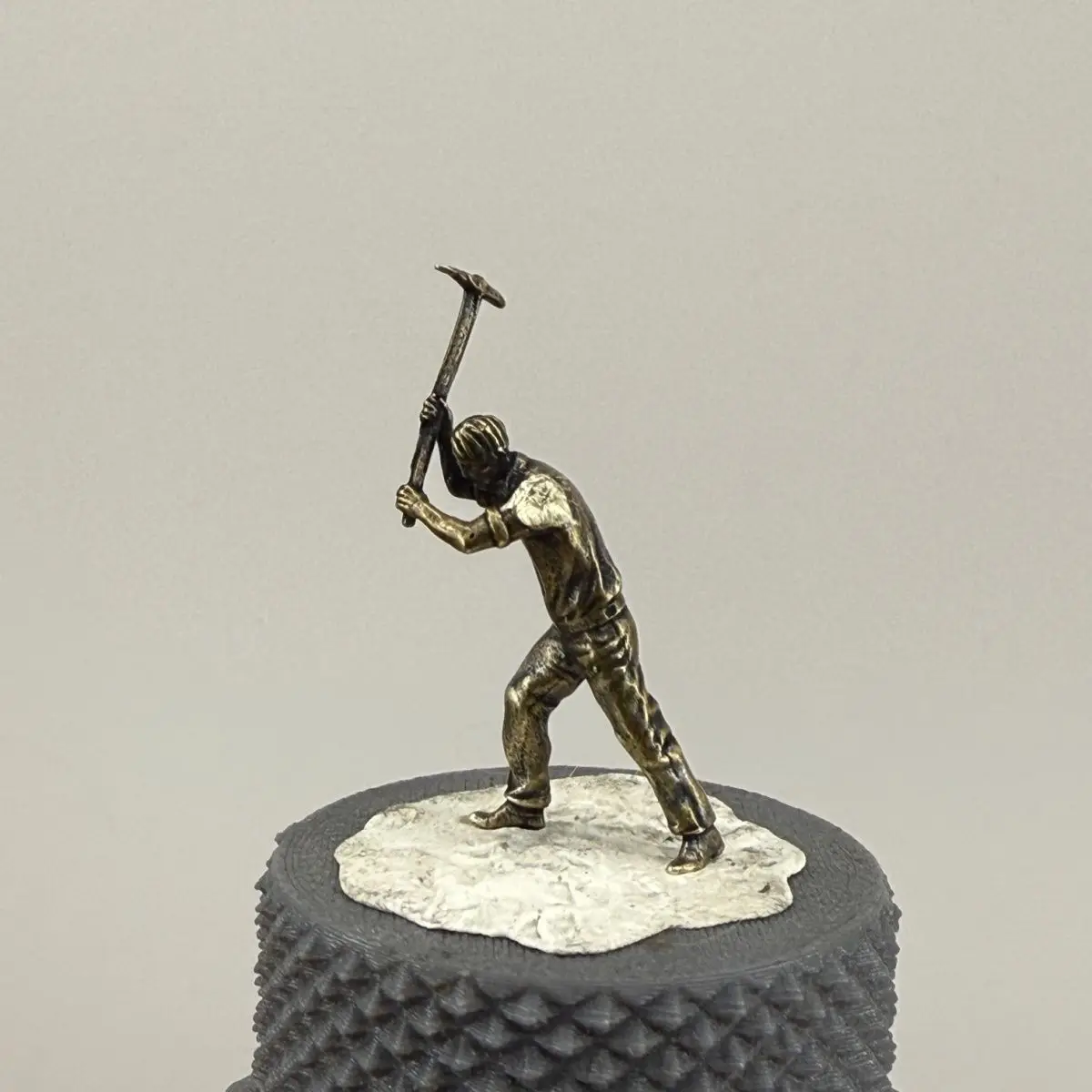 1/64 brass figurines construction worker, builder moss micro landscape, macro photography small figures for sandbox scene models